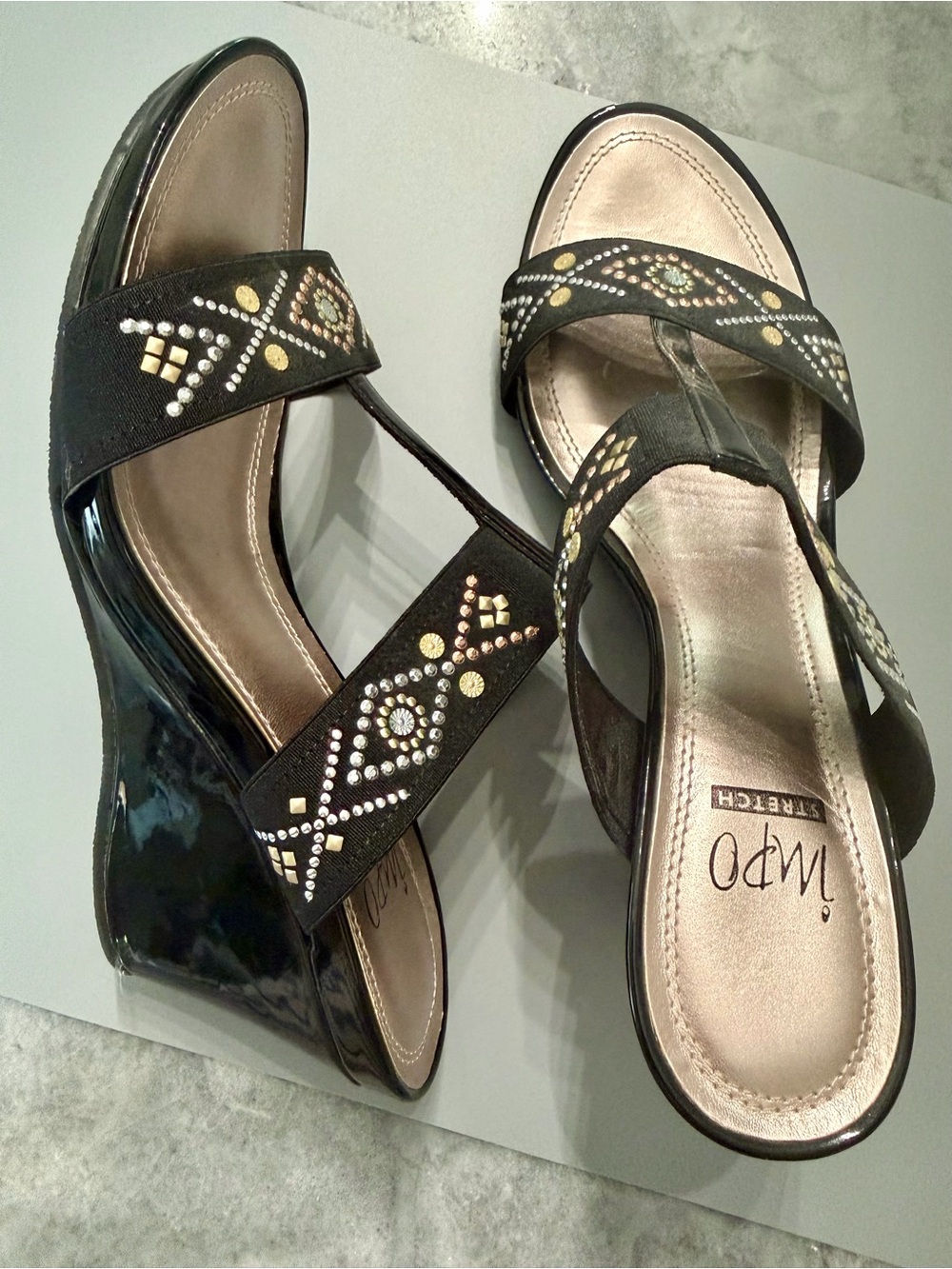 Impo Stretch Black Wedge Sandals – Size 9M – Never Worn – Studded Stretch Straps